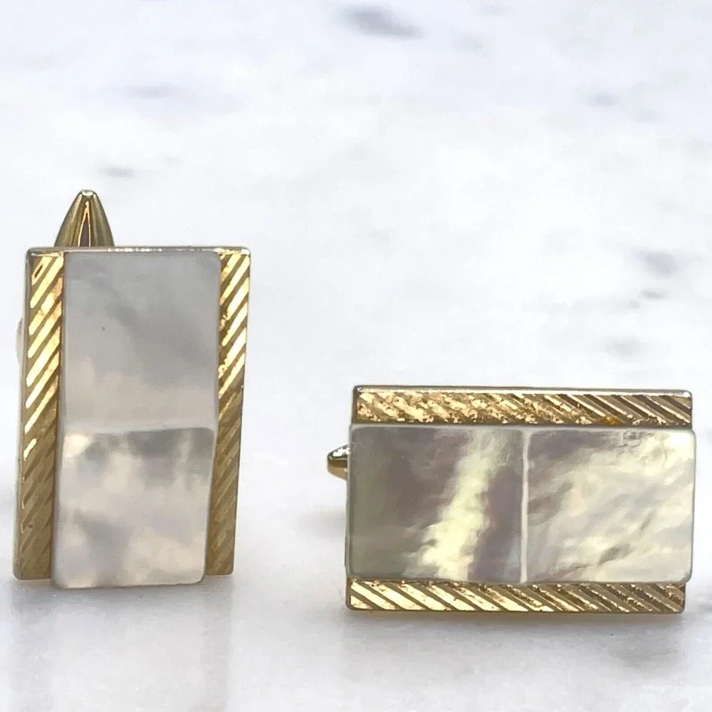 Mens Mother of Pearl Gold Tone Rectangular Bullet Back Cufflinks